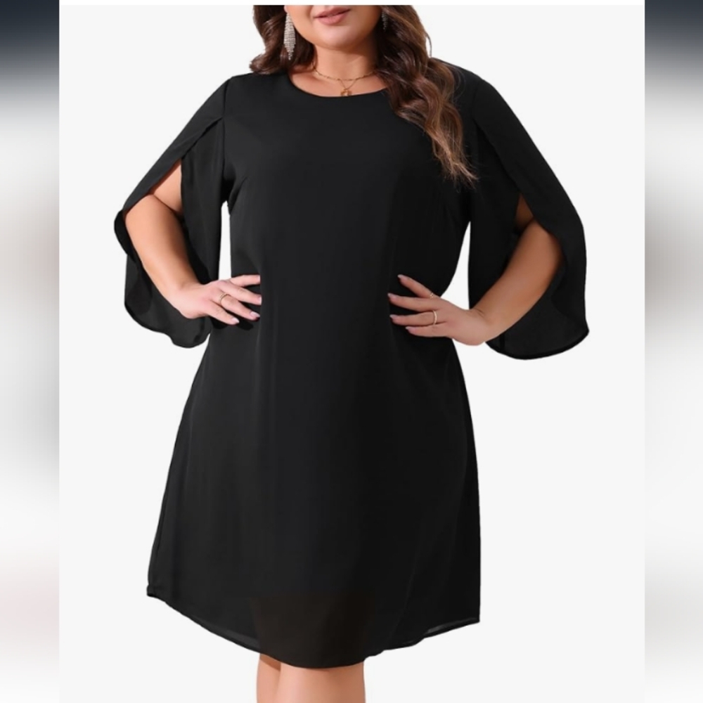Agnes Orinda Black Chiffon 3/4 Flutter Sleeve Dress Size 2X NWT
